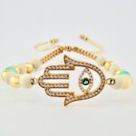 Pulsera Beige Mano Hamsa Esmeralda Bolas Lisas 10und 4.5gr / 3mm-6mm Oro Amarillo 18K ©