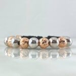 Pulsera Negra Bolas 8mm Diamantadas 8und - Lisas 7und Dos Oros Blanco Rosa 18K (A.C)